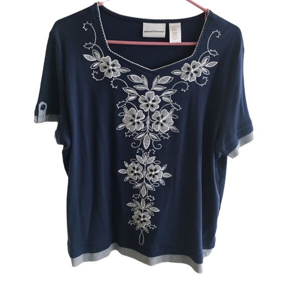Alfred Dunner Tops - Alfred Dunner Blue Casual Top Shirt Embroidered Flowers Summer Casual Size Large